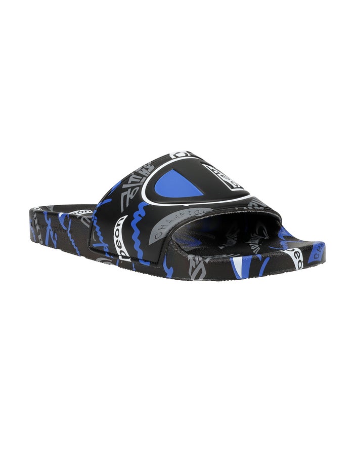 Champion Mens Slides NZ - Ipo International Black/Blue ( 5716-DOMSH )